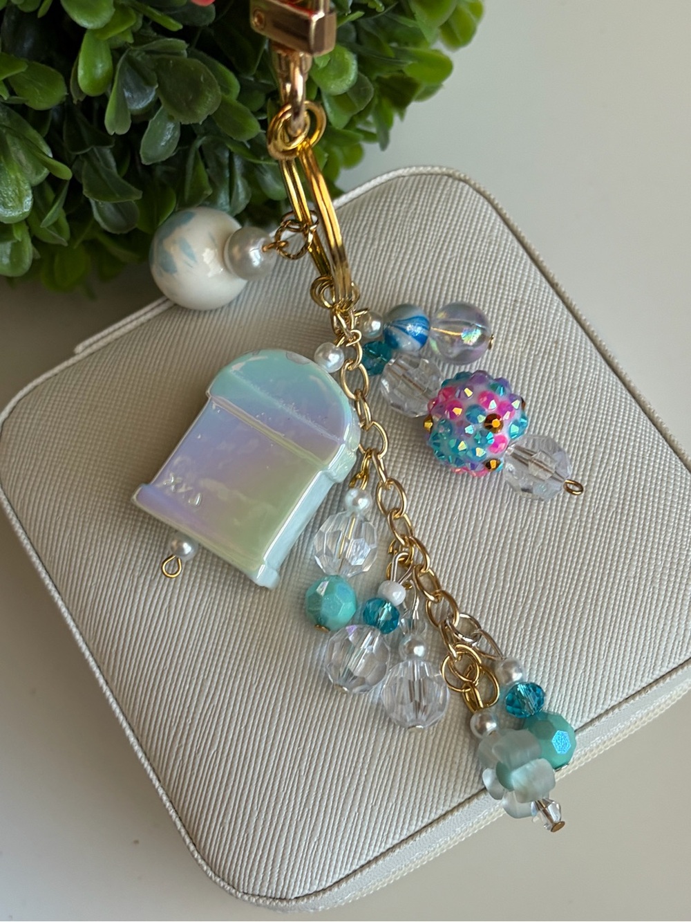 Iridescent Seafoam Charm Keychain with Aqua Beads